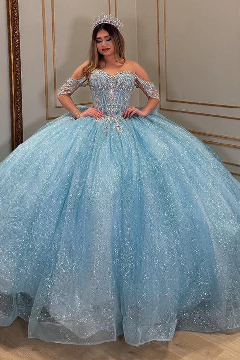 HE336-Glittery Tulle Beaded Princess Quinceanera Dresses for Sweet 16 Ball Gown Off Shoulder Sequin Beaded Birthday Party Dresses
