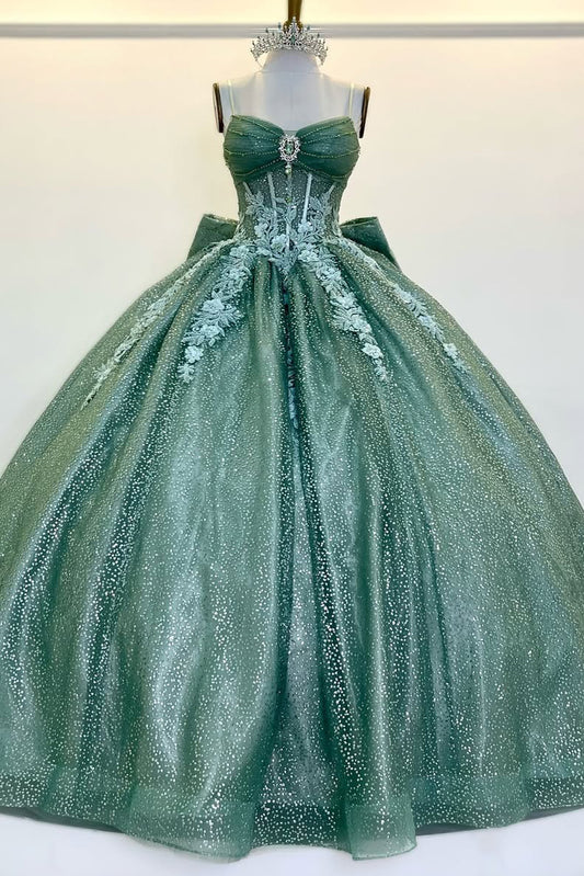 HE308-Glittery Tulle Princess Quinceanera Dresses Ball Gown Lace Appliques Birthday Prom Dress for Sweet 16 Party