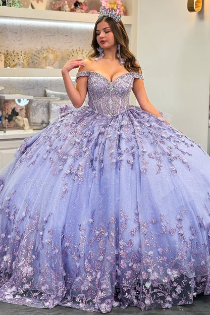 Off Shoulder 3d Flower Quinceanera Dresses Lace Appliqued Sweet 16 Party Gowns HE092