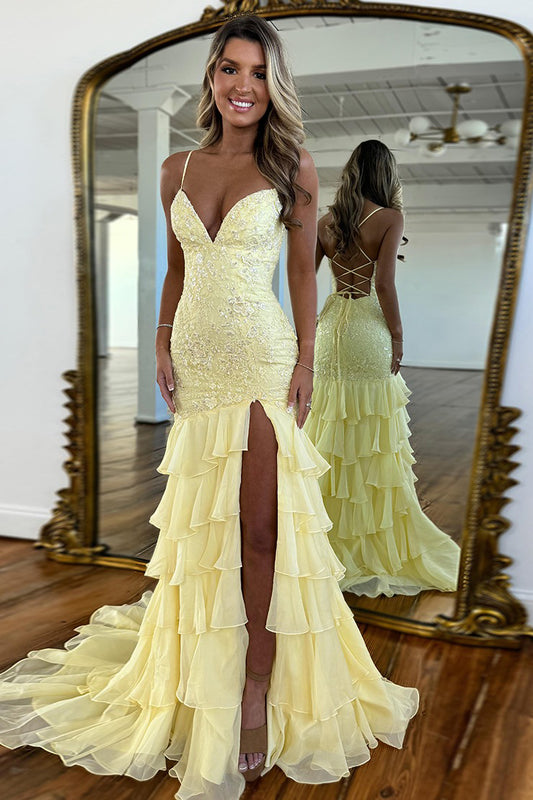 HE181-Women's Mermaid Chiffon Ruffles Prom Dresses Long Lace Appliqued Evening Gowns Sexy Backless Party Dresses with Slit