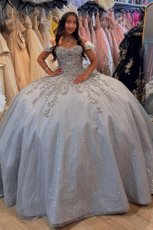 HE373-Silver Princess Quinceanera Dresses Tulle Beaded Sweet 16 Off Shoulder Birthday Prom Party Dresses