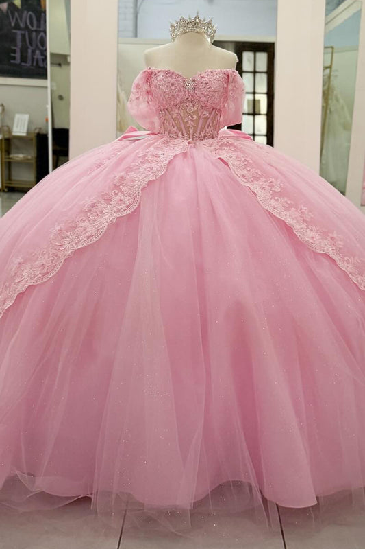 HE210-Vestidos de quinceañera rosas con hombros descubiertos, tul, encaje, cuentas, princesa, fiesta de cumpleaños, graduación, para dulces 16