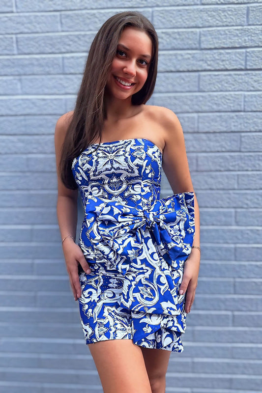 Sweetheart Floral Print Knee Length Bodycon Homecoming Dresses with Bowknot HE588