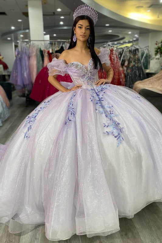 Vestidos de quinceañera con apliques lilas y corte princesa, vestidos de fiesta para dulces 16, HE524