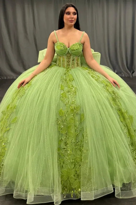 HE159-Vestido de quinceañera verde con apliques de encaje de tul y lazo para fiesta de cumpleaños de princesa