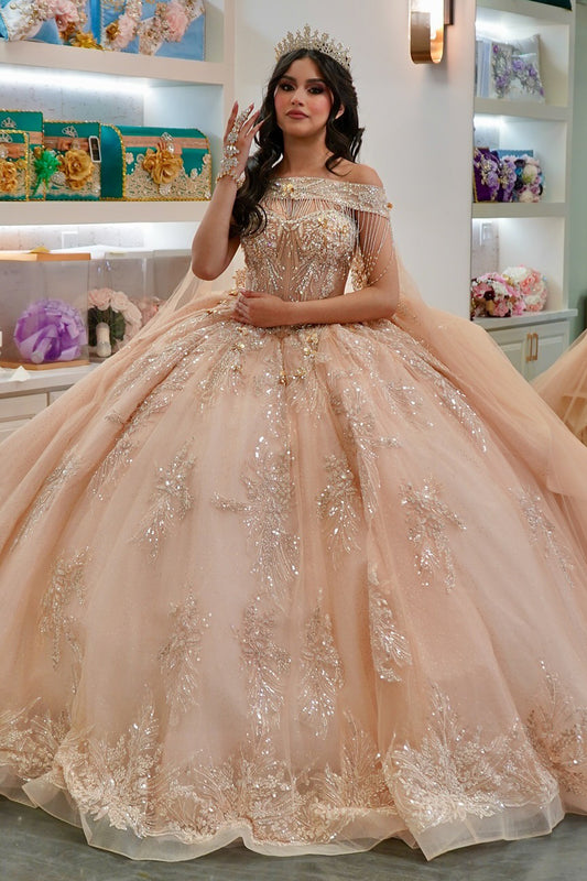 HE145 - Vestidos de quinceañera color champán para dulces 16, hermosos vestidos de fiesta de cumpleaños con apliques de encaje de tul y cuentas.