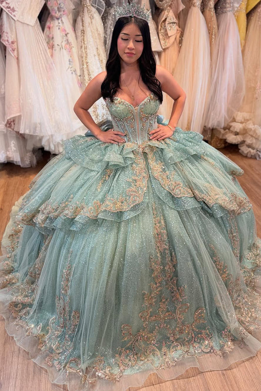 Vestidos de quinceañera con apliques de encaje de tul brillante y volantes para dulces 16 HE510