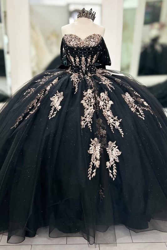 HE217-Vestido de quinceañera de princesa con hombros descubiertos, color negro, de tul, encaje y cuentas, para fiesta de quinceañera