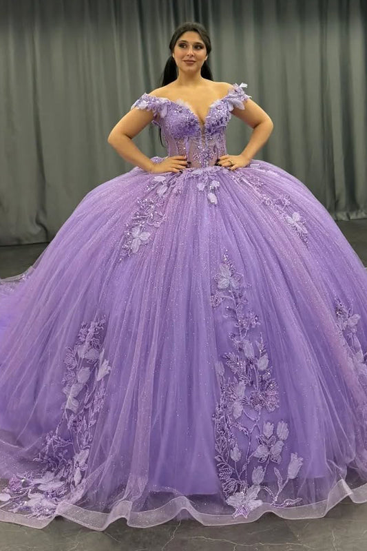 Lilac Ball Gown Quinceanera Dresses Tulle Lace Appliques Prom Dresses for Sweet 16 HE155