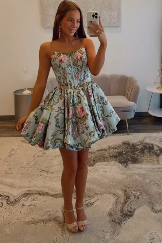 Strapless Satin Floral Print Homecoming Dresses A Line Party Gowns HE460