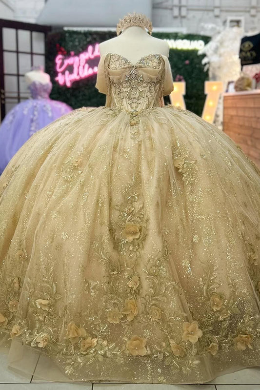 HE219 - Vestidos de quinceañera de tul brillante, vestido de baile de tul con encaje y cuentas, vestidos de fiesta de cumpleaños de 16 años, vestidos de fiesta con hombros descubiertos