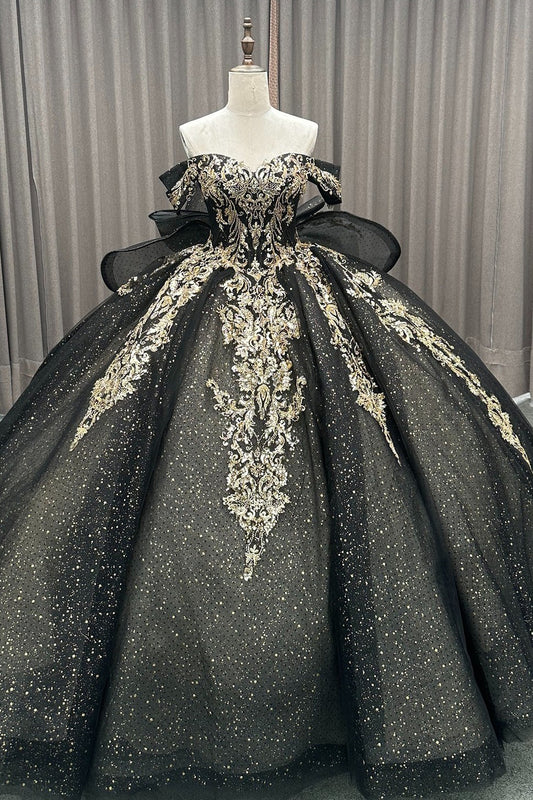 HE284-Princess Black Quinceanera Dresses with Bow Ball Gown Glittery Tulle Lace Beaded Prom Party Dresses for Sweet 16