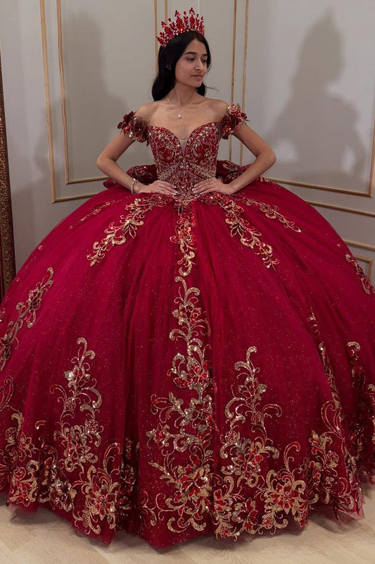 HE149 - Vestidos de quinceañera rojos con hombros descubiertos, apliques de tul y encaje, para fiesta de graduación, vestido de gala para fiesta de cumpleaños de 16 años