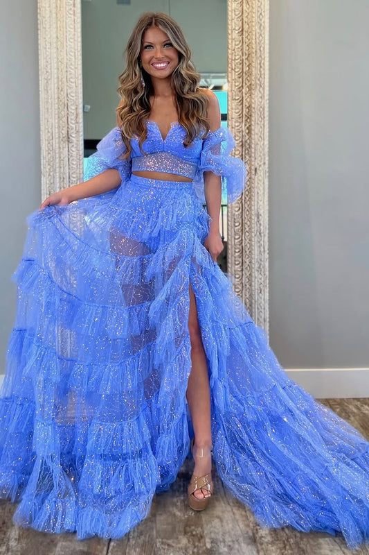 Glittery Tulle Long Prom Dresses for Women Elegant A Line Party Dresses HE198