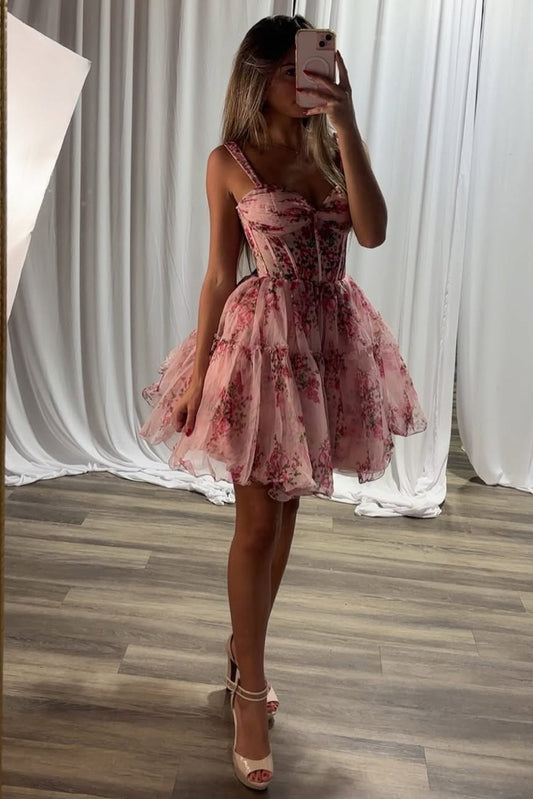 A Line Tulle Floral Print Homecoming Dresses Corset Sweetheart Party Gowns HE544
