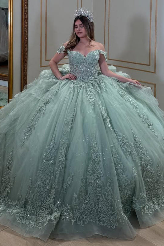 HE323-Off Shoulder Princess Quinceanera Dresses for Sweet 16 Tulle Lace Appliques Ball Gown Birthday Prom Party Dresses