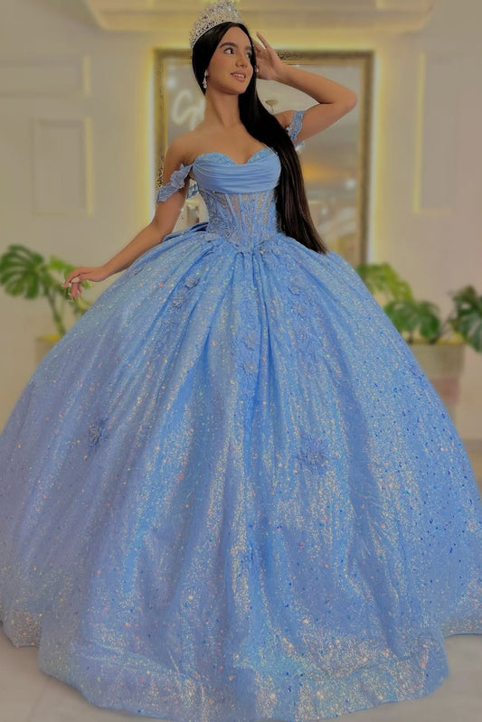 HE235 - Vestidos de quinceañera estilo princesa con hombros descubiertos, vestido de fiesta para dulces 16, vestidos de fiesta de cumpleaños con cuentas de tul azul cielo.