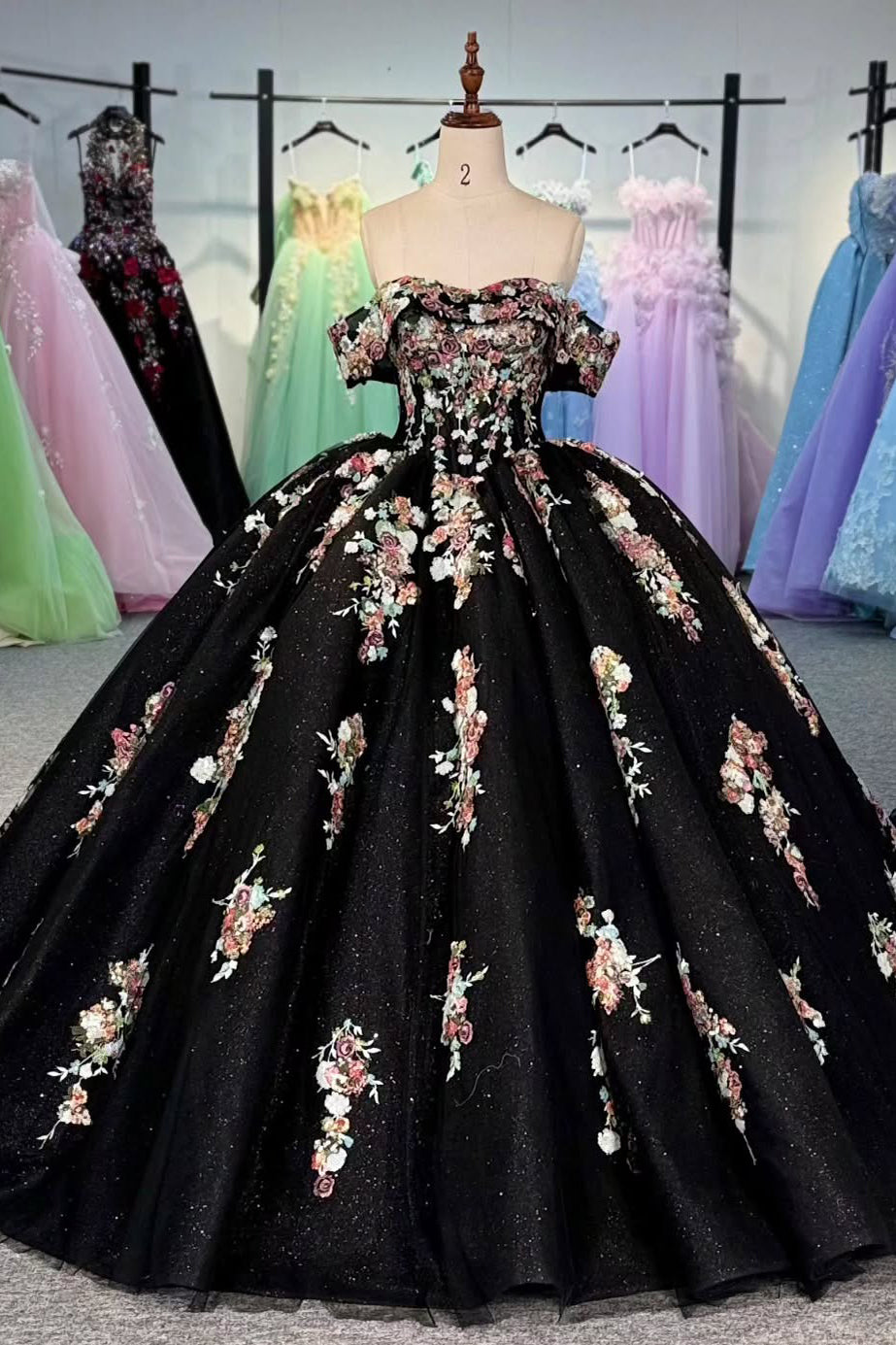 Black Quinceanera Dresses Off Shoulder Tulle Lace Appliques Sweet 16 D – Hebebridal