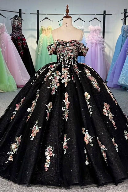 HE279-Princess Black Quinceanera Dresses Off Shoulder Tulle Lace Appliques Sweet 16 Dresses Ball Gown Birthday Party Dresses