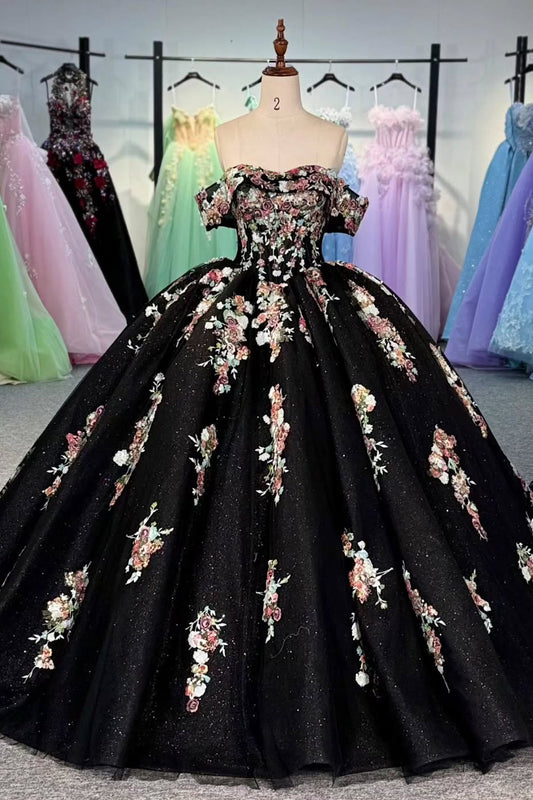 HE279-Princess Black Quinceanera Dresses Off Shoulder Tulle Lace Appliques Sweet 16 Dresses Ball Gown Birthday Party Dresses