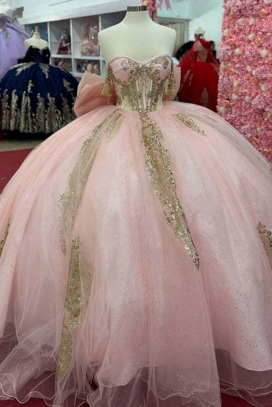 HE329-Off Shoulder Sweet 16 Party Gowns Tulle Lace Beaded Quinceanera Dresses Princess Pink Birthday Prom Gowns with Bow