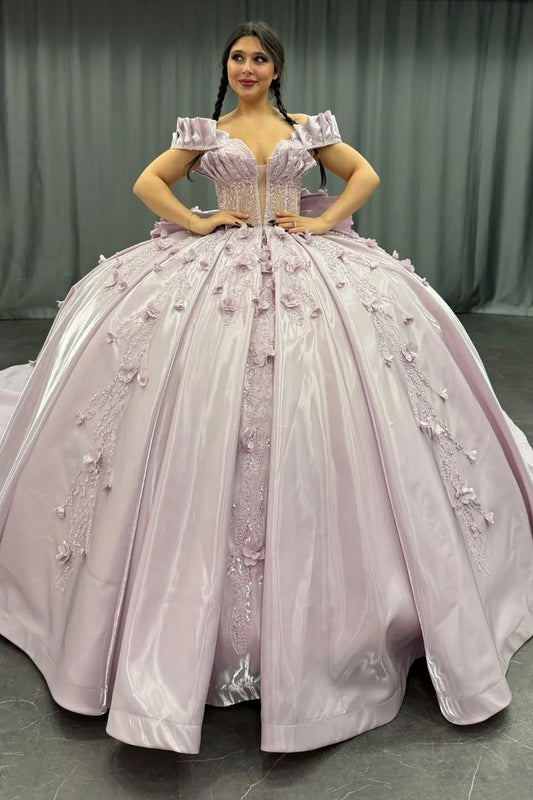 HE156 - Vestidos de quinceañera de satén con hombros descubiertos y cuentas, con flores 3D, para fiesta de graduación, estilo princesa, para fiesta de cumpleaños