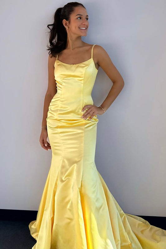 Mermaid Satin Prom Dresses Long Spaghetti Straps Party Gowns for Women HE345
