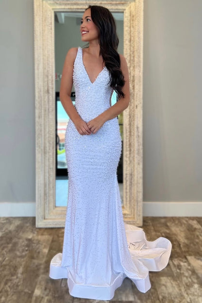 HE269-Glittery Sequins V Neck Prom Dresses Long for Women Mermaid Plus Size Evening Gowns Satin Beaded Party Dresses