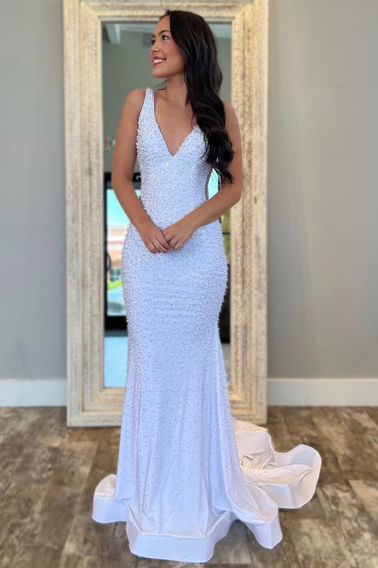 HE269-Glittery Sequins V Neck Prom Dresses Long for Women Mermaid Plus Size Evening Gowns Satin Beaded Party Dresses