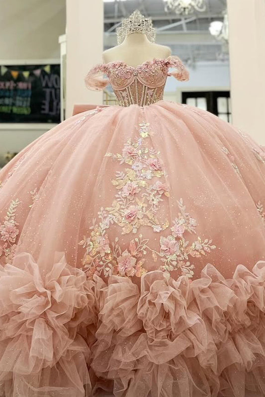 Vestidos de quinceañera rosa ruborizado, hombros descubiertos, estilo princesa, HE428