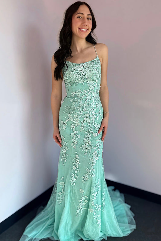 HE350-Mermaid Tulle Lace Appliques Prom Dresses Long for Women Sheath Evening Gowns Sexy Backless Party Dresses