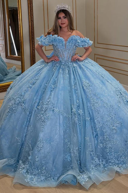 HE335-Gorgeous Tulle Lace Quinceanera Dresses Ball Gown Off Shoulder Prom Dresses Princess Sweet 16 Party Gowns