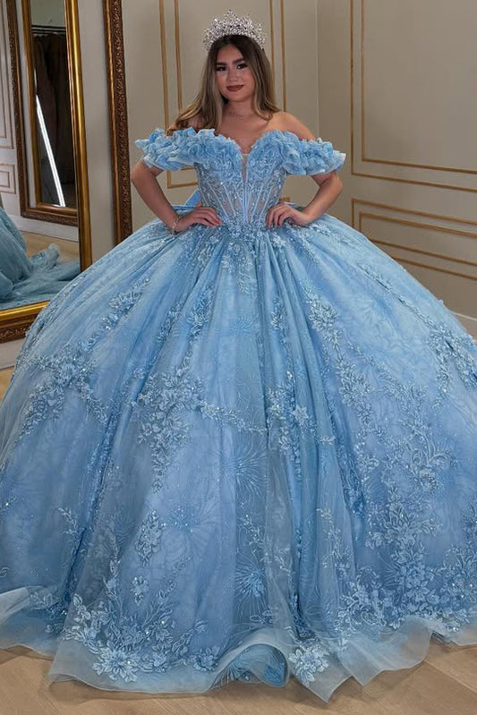 HE335-Gorgeous Tulle Lace Quinceanera Dresses Ball Gown Off Shoulder Prom Dresses Princess Sweet 16 Party Gowns