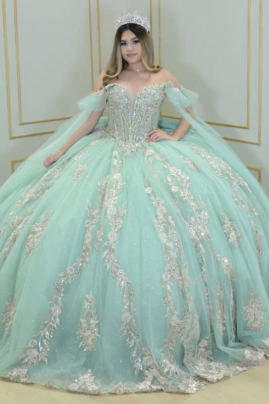 HE337-Off Shoulder Princess Sweet 16 Quinceanera Dresses Mint Tulle Lace Appliqued Birthday Prom Party Dresses