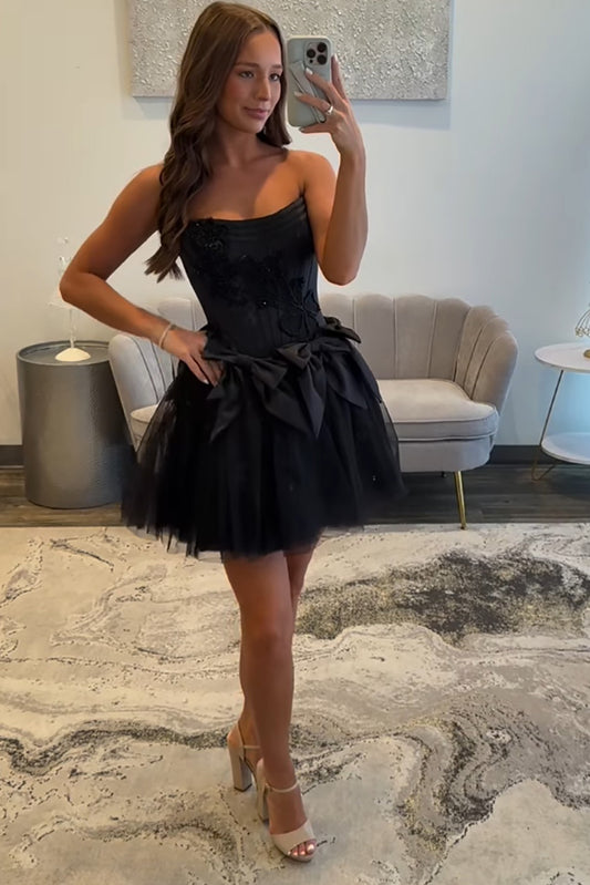 A Line Sweetheart Satin Tulle Ruffles Bowknot Homecoming Dresses HE566