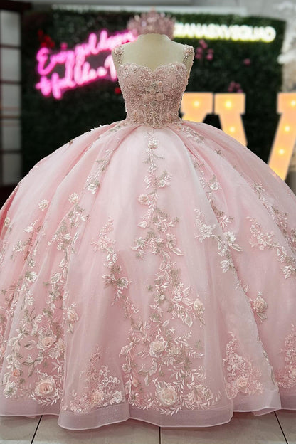 HE218-Precioso vestido de quinceañera con apliques de encaje de tul, vestido de fiesta de princesa con flores 3D para dulces 16