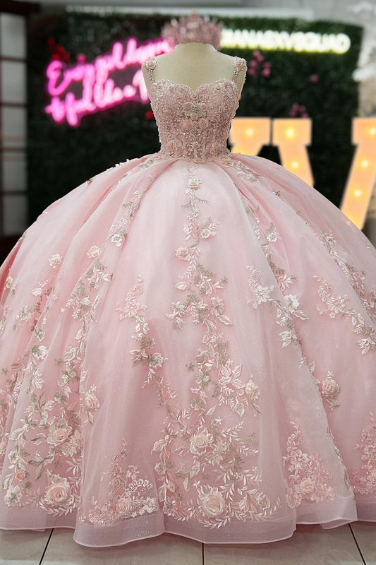HE218-Precioso vestido de quinceañera con apliques de encaje de tul, vestido de fiesta de princesa con flores 3D para dulces 16