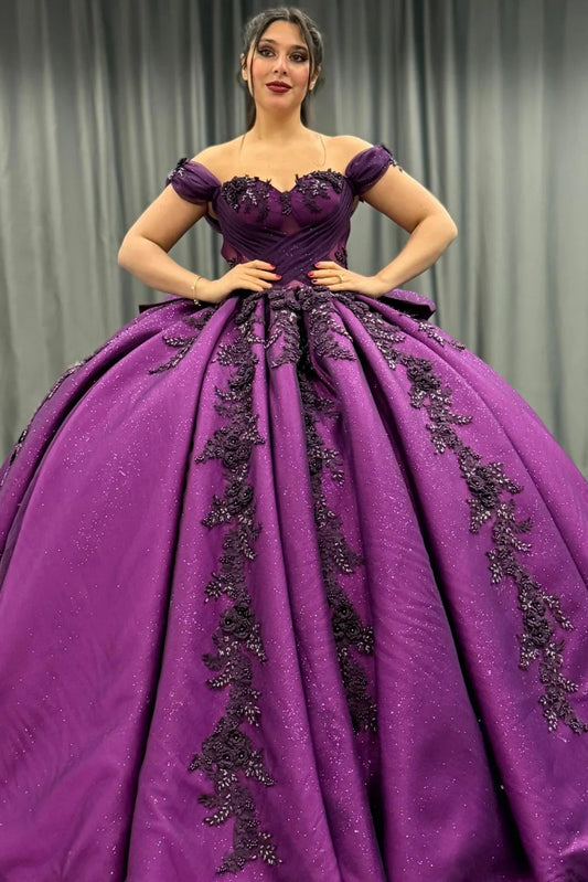 HE168 - Vestido de quinceañera de satén con hombros descubiertos y apliques de encaje, estilo princesa, para fiesta de graduación y cumpleaños
