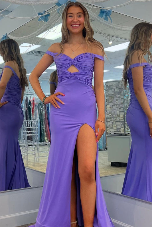 HE201-Women's Off Shoulder Prom Dresses Long Mermaid Satin Keyhole Evening Gowns Sleeveless Formal Party Dress with Slit