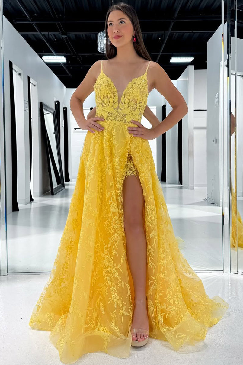 HE192-Women's A Line Prom Dresses Long with Slit Tulle Lace Appliques Evening Gowns V Neck Formal Party Dresses