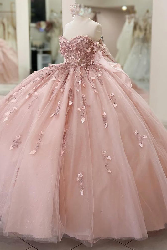 HE226 - Vestido de quinceañera con hombros descubiertos, tul, flores 3D, sin mangas, para fiesta de cumpleaños y graduación