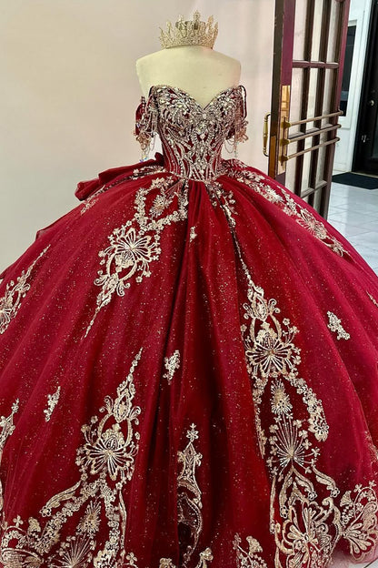 HE221-Hermosos vestidos de quinceañera de tul con cuentas y mangas al descubierto para fiesta de dulces 16