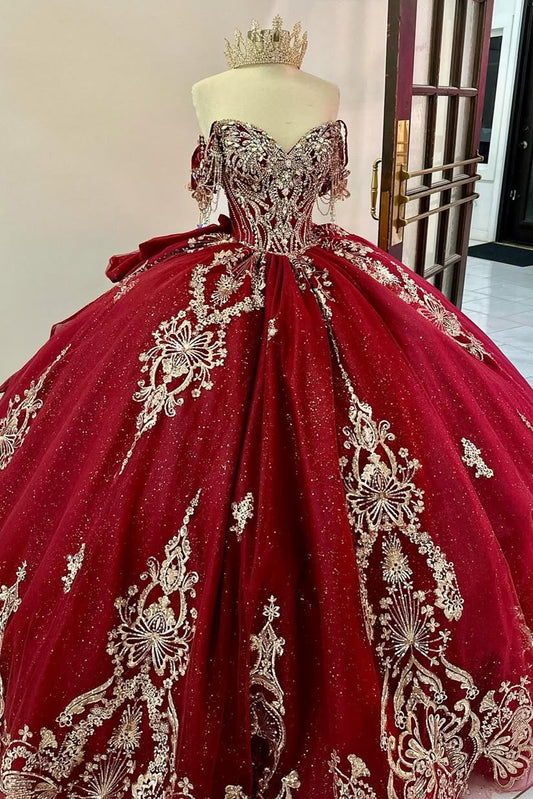 HE221-Hermosos vestidos de quinceañera de tul con cuentas y mangas al descubierto para fiesta de dulces 16