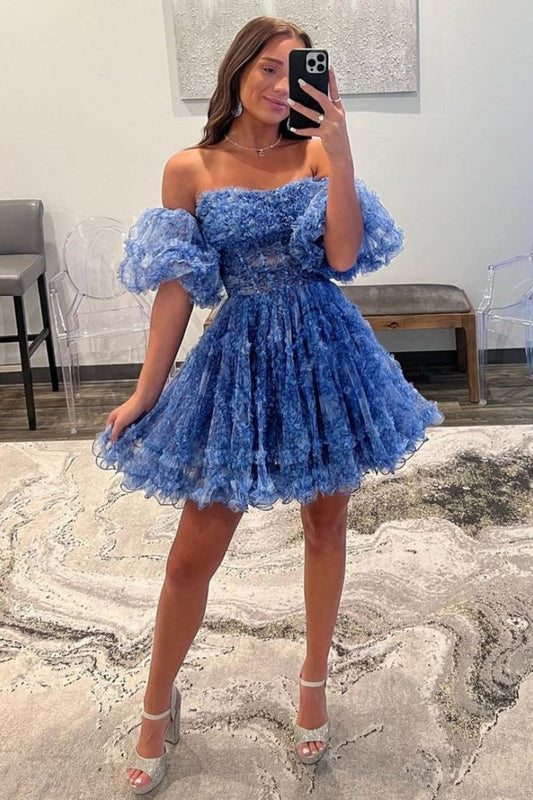 A Line Tulle Puffy Floral Sweetheart Homecoming Dresses for Juniors HE493