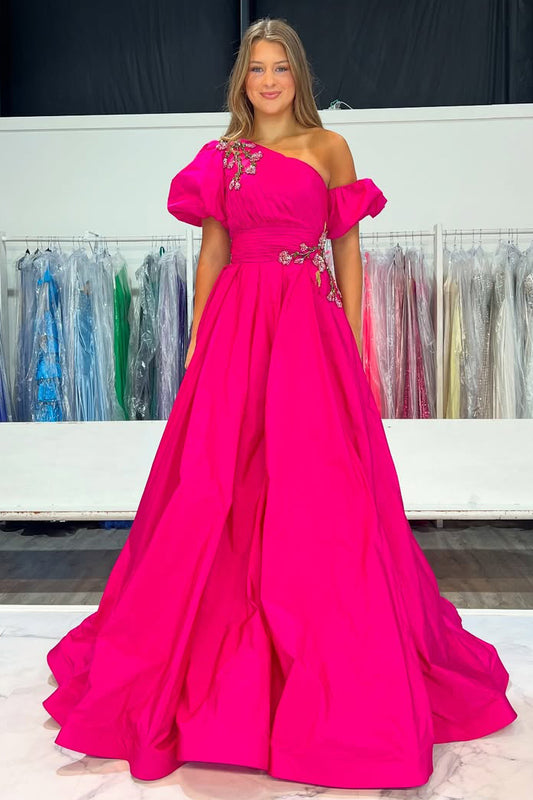 HE366-Women's A Line Prom Dresses Long One Shoulder Satin Appliqued Evening Gowns Plus Size Maxi Party Dresses