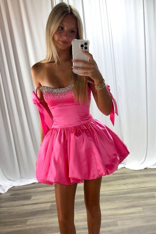 Hot Pink A Line Satin Beaded Homecoming Dresses Off Shoulder Party Dresses HE543