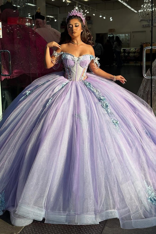 Ball Gown Tulle Lace Appliqued Sweet 16 Princess Lilac Quinceanera Dresses HE674