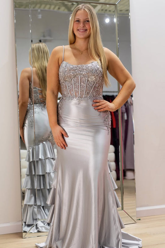 HE122-Spaghetti Straps Women's Prom Dresses Long Satin Lace Appliqued Evening Formal Gowns Ruffle Skirt Party Dresses