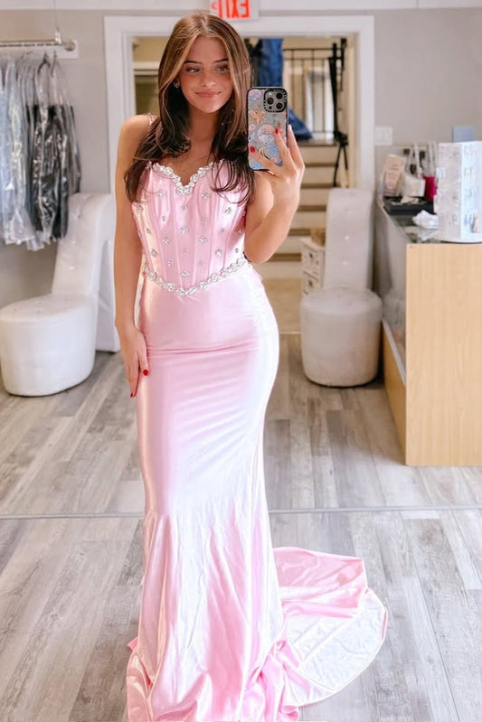 HE254-Mermaid Sweetheart Satin Beaded Prom Dresses Long for Women Backless Sheath Evening Formal Gowns