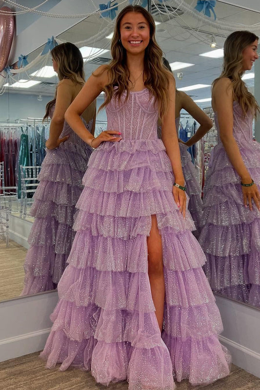 Elegant Glittery Tulle Prom Dresses Sweetheart A Line Evening Gowns with Slit HE199